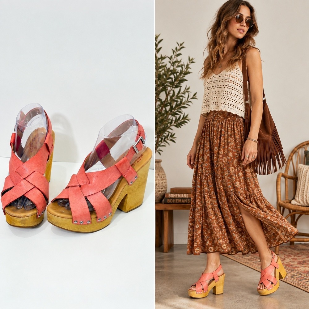 Coral Leather Platform Wood Block Heel Sandals Size 8 Boho 70s Retro Hippie